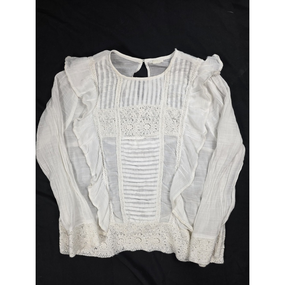 Forever 21‎ White Eyelet Lace Hem Ruffle Keyhole Blouse Womens XS Boho Blouse